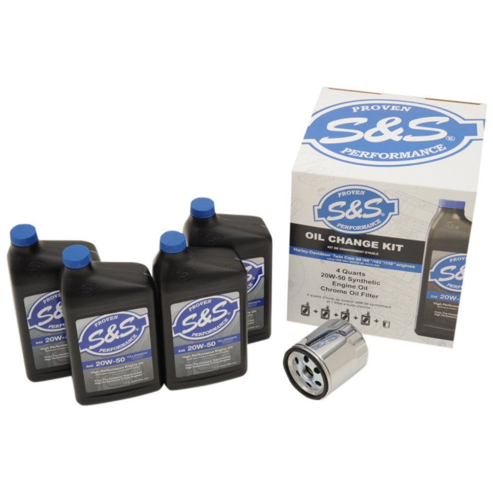 S&S Oil Change Kit 99-17 Harley Twin Cam 4 Quarts 20W-50 & Chrome Oil Filter | 3601-0413