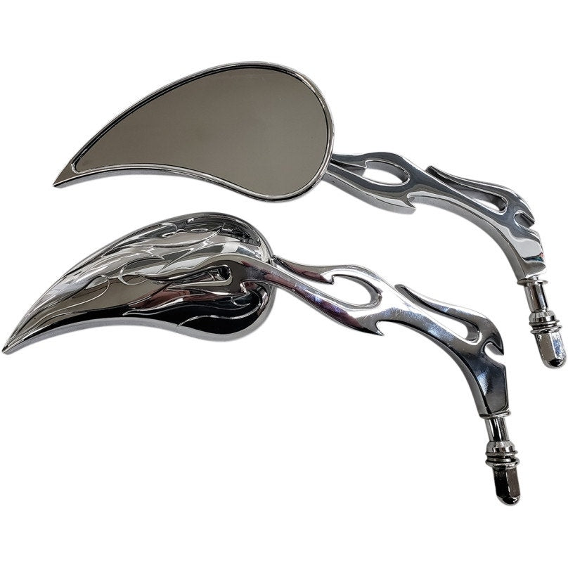 Rivco MV320 Chrome Billet Aluminum 3x5 Flame Teardrop ScrewIn Motorcycle Mirrors