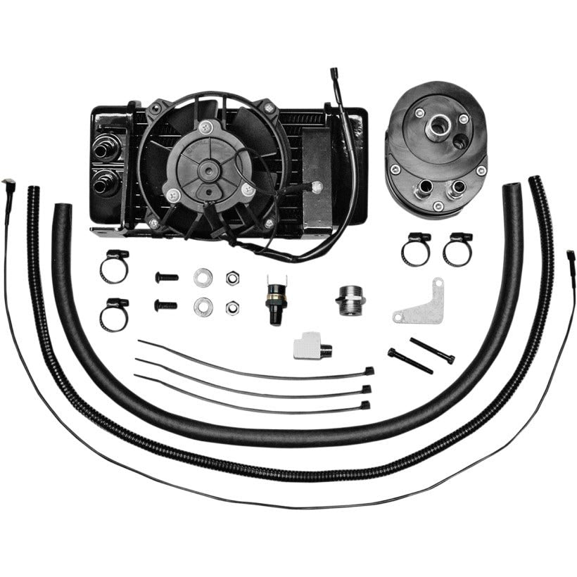 Jagg Black Horizonal Low Mount 10 Row Fan Assisted Oil Cooler Kit Harley 09-13
