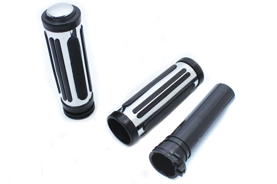 V-Twin 28-0150 Chrome Handlebar Grips w/ Rubber Inlay Harley FL XL 96-15