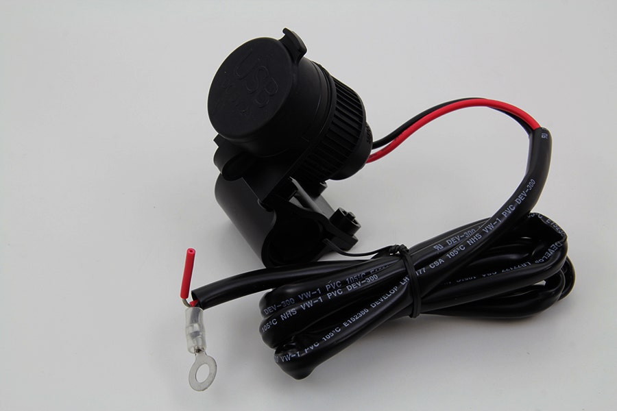 V-Twin Black USB Cellphone MP3 Plug Charger w/ Clamp for All Motorcycle Models