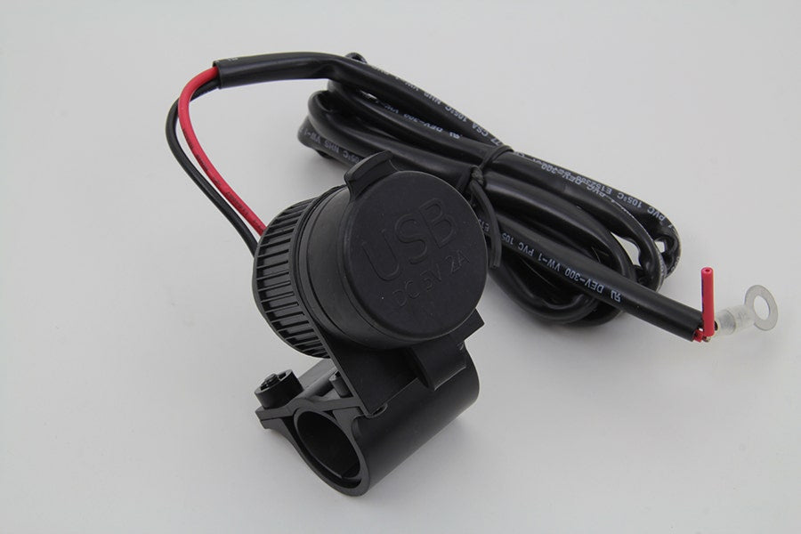 V-Twin Black USB Cellphone MP3 Plug Charger w/ Clamp for All Motorcycle Models