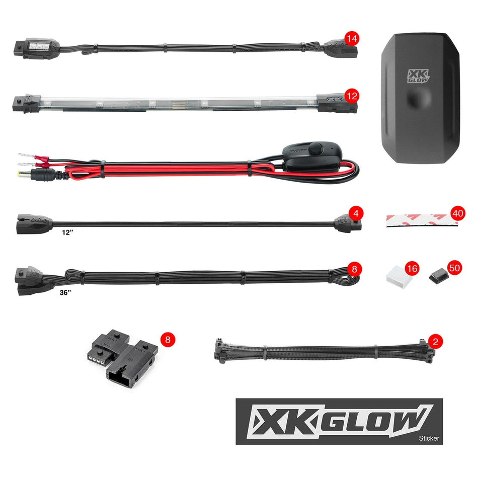 XK Glow 14pc Pods 12pc 10" Strips Motorcycle LED Accent Light Kit App Control