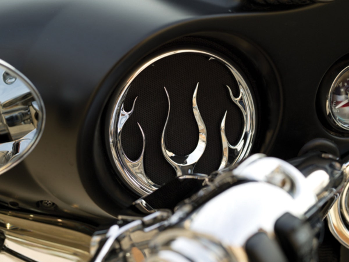 Kuryakyn Chrome Front Fairing Flame Speaker Grills for Harley FLH/T 96-13 | 3788