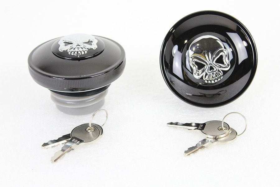 V-Twin 38-0652 Black Skull Gas Cap Set Vented & Non Vented 1996-Up Harley FX