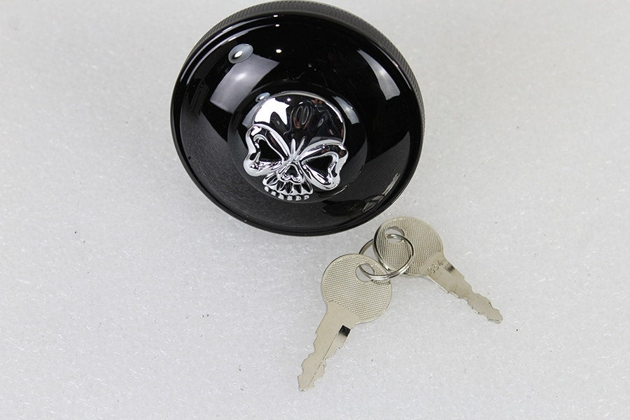 V-Twin 38-0667 Black Keyed Gas Cap Vented Skull w/ Key Lock Harley FX XL 96-Up
