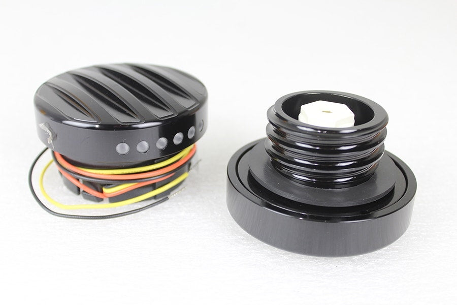 V-Twin 38-0989 Black LED Ribbed Style Fuel Gauge & Screw Cap Set Harley 96-17