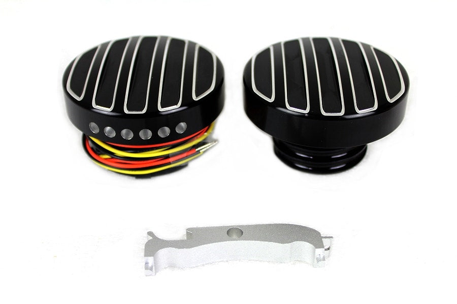 V-Twin 38-0990 Black LED Cut Ribbed Style Fuel Gauge Screw Cap Set Harley 96-17