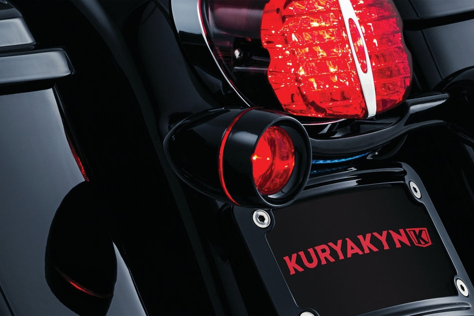 Kuryakyn 5482 Black Deep Dish Bullet Turn Signal Bezels Red Lens Harley