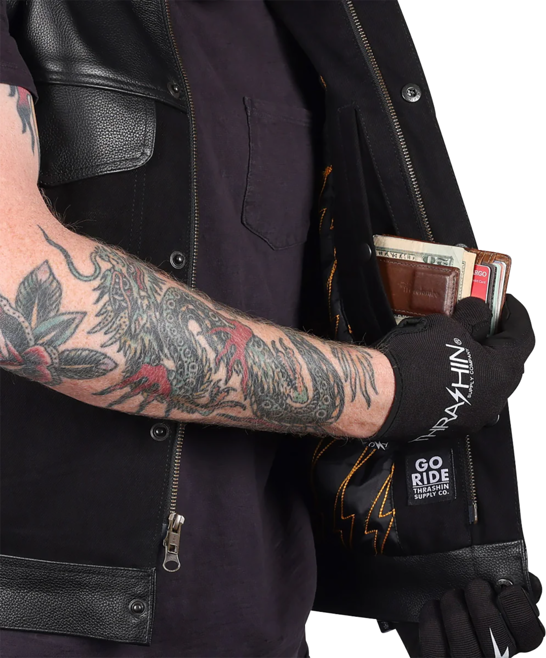 Thrashin Supply Co. Kanan Leather/Denim Riding Vest - Black