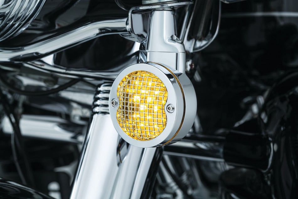 Kuryakyn Chrome Mesh Flat 3-1/4" Turn Signal Bezels Covers Harley Pancake Style