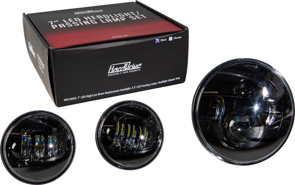 Harddrive Black CREE LED 7" Headlight 4.5" Passing Lamp Set Black Harley 94-Up