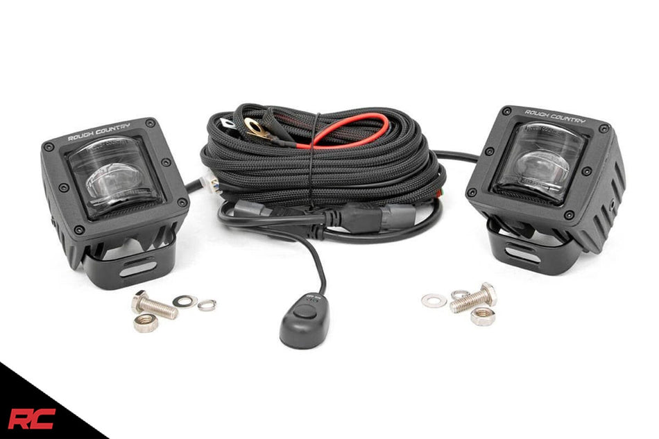 Rough Country 70907 Square 2.0" SAE LED Fog Light Cube Pair w/ Wiring & Brackets