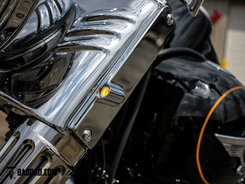 Bad Dad 900 Series Chrome Front LED Billet Turn Signals Harley FLS Softail