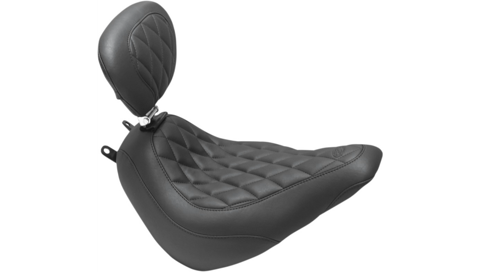 Mustang Wide Tripper Solo Black Diamond Stitch Harley Seat W/Backrest 18-23 FLDE/FLHC/FLHCS