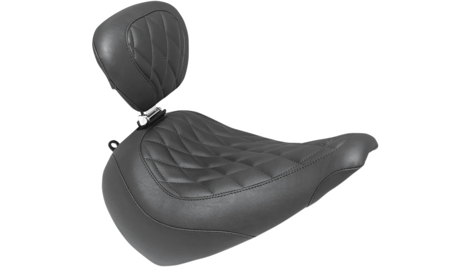 Mustang Wide Tripper Solo Black Diamond Stitch Harley Seat W/Backrest 18-23 FLFB/FLFBS