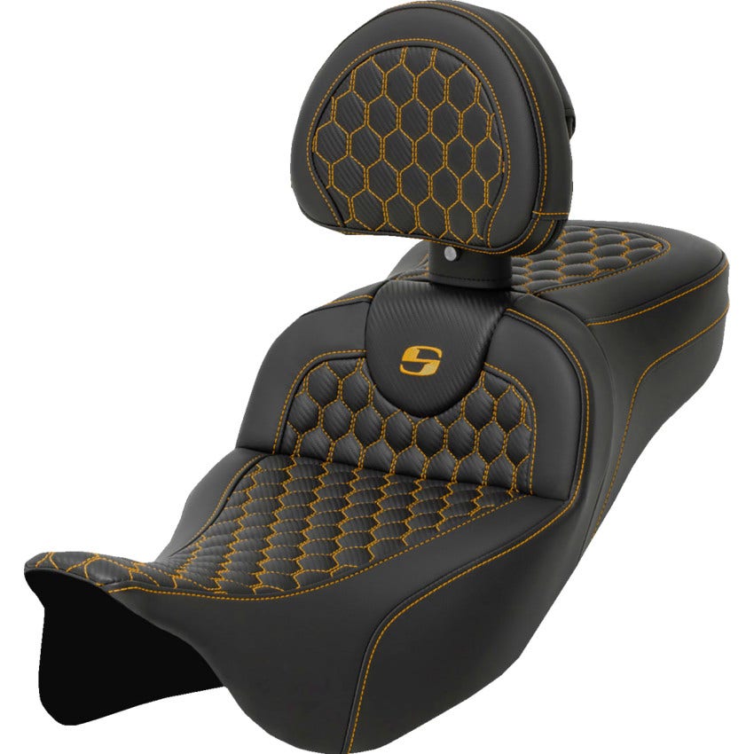 Saddlemen Honeycomb W/Gold Stitch Ext RoadSofa Seat W/Backrest Harley 08-23