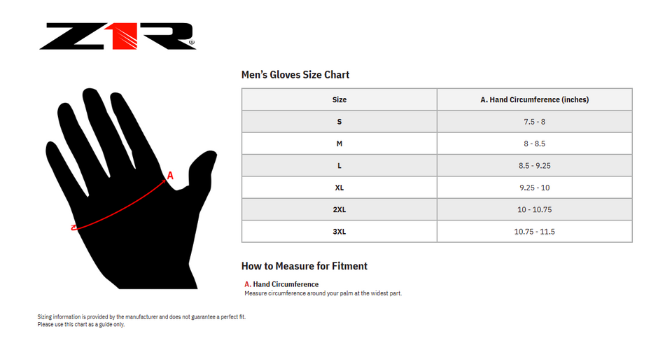 Z1R Reaper 2 Motorcycle Gloves - Black Size Chart