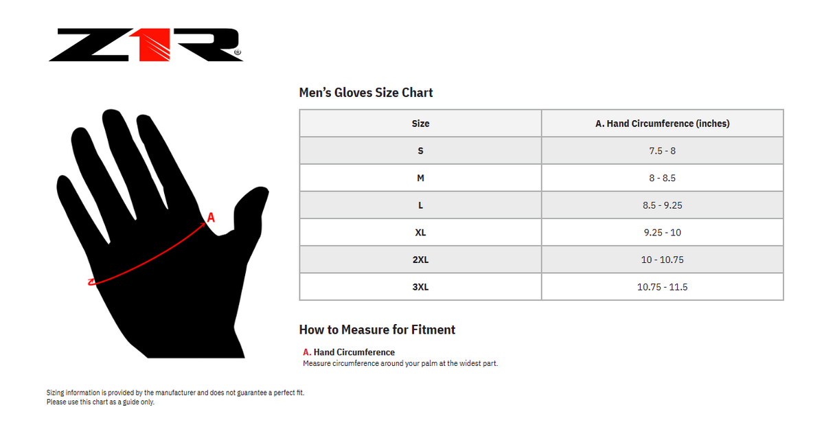 Z1R Billet Motorcycle Gloves Size Chart
