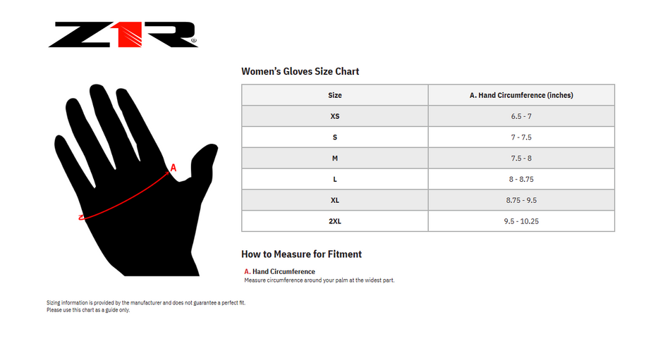 Z1R Womens Mill D3O Motorcycle Gloves - Black Size Chart