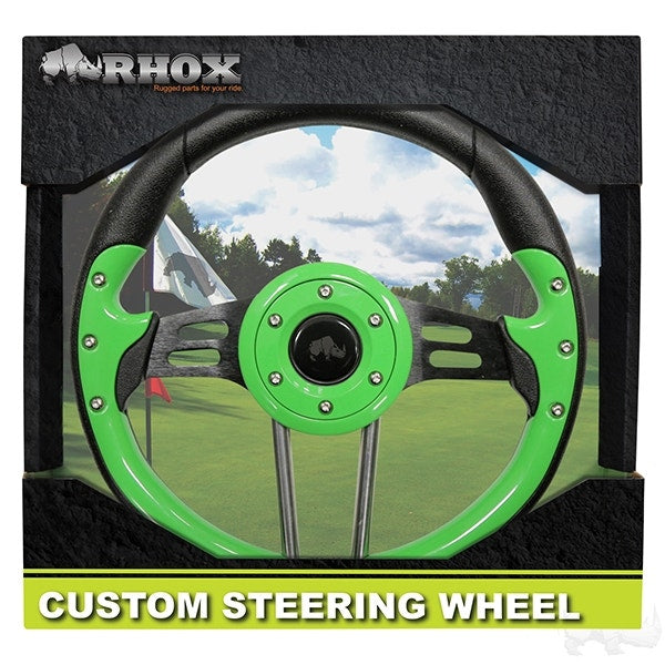 RHOX Golf Cart 13" Steering Wheel Aviator 4 Lime Green Grips Black Spokes