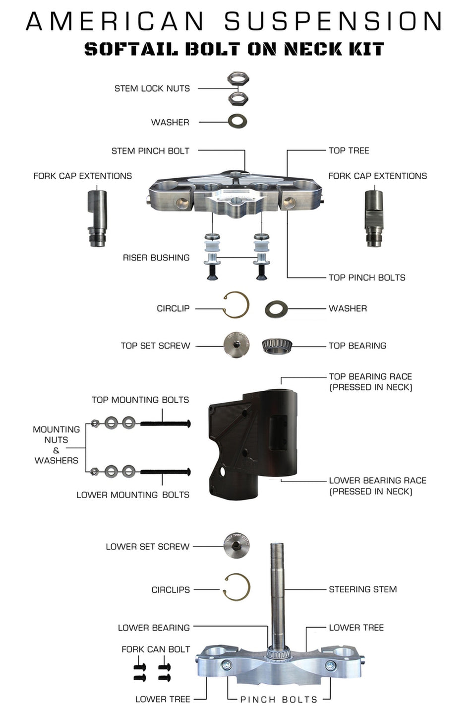 American Suspension Bolt On Short Neck and Tree 26" Wheel Harley Softail 00-07
