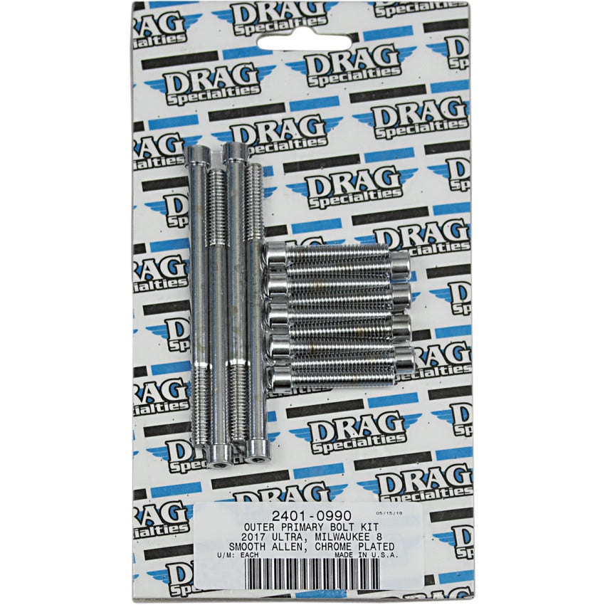 Drag Specialties Chrome Outer Primary Bolt Kit Smooth Allen Head 17-25 Harley M8