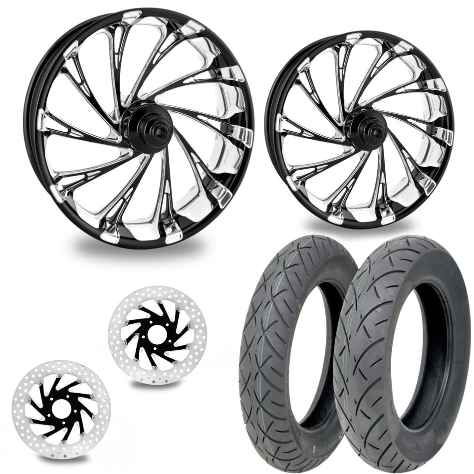 PM Del Rey Contrast 21/18 Front Rear Wheel Package Set Tires Rotors Harley FLH/T