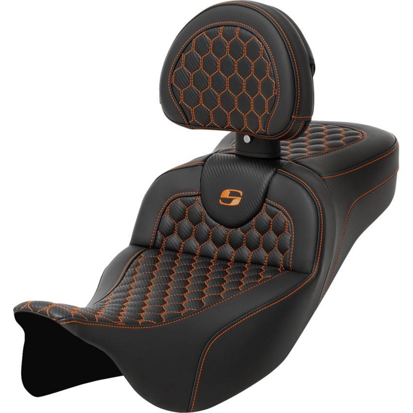 Saddlemen Honeycomb W/Orange Stitch Ext RoadSofa Seat W/Backrest Harley 08-23