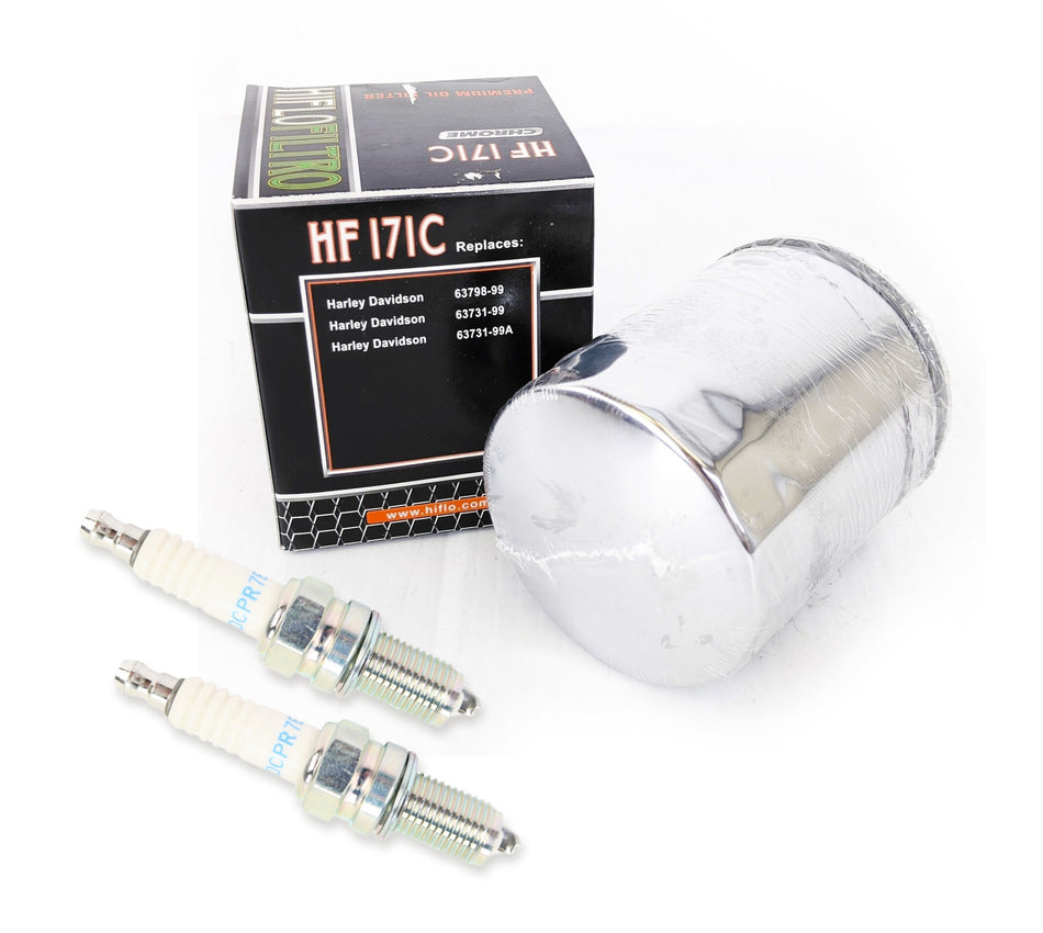 Tune Up Kit Chrome Oil Filter & NGK Spark Plugs Harley Twin Cam 99-16