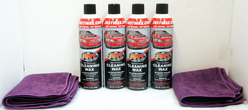 Waterless Wash Carnauba & Wax Fastwax FW1 Spray Can Removes Cleans Tar Dirt Bugs 4 Pack Microfiber Free