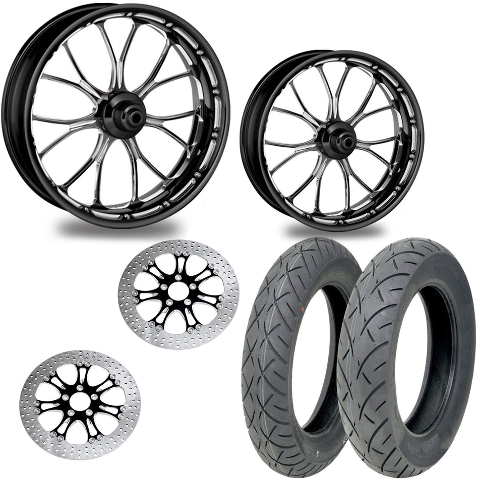 PM Heathen Contrast 21/18 Front Rear Wheel Package Set Tires Rotors Harley FLH/T