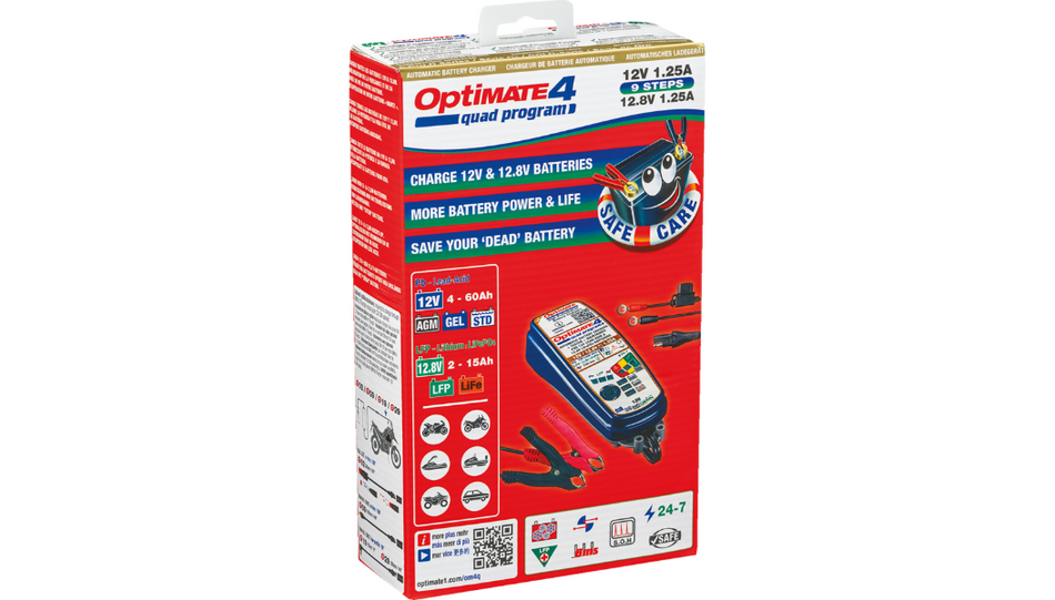 Tecmate Optimate 4 1A Dual Program Weatherproof Desulfating 12V Battery Charger