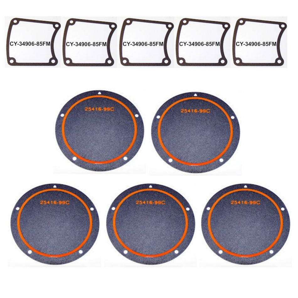5 Derby Cover 25416-99FM & 5 Inspection Cover 34906-85FM Gaskets Harley Twin Cam Models