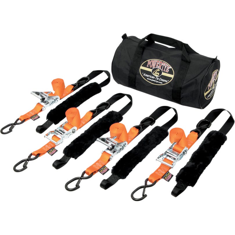 PowerTye Orange Black Fat Strap Motorcycle ATV Tie Downs 4 1.5" 1000 Lb Trailer Straps