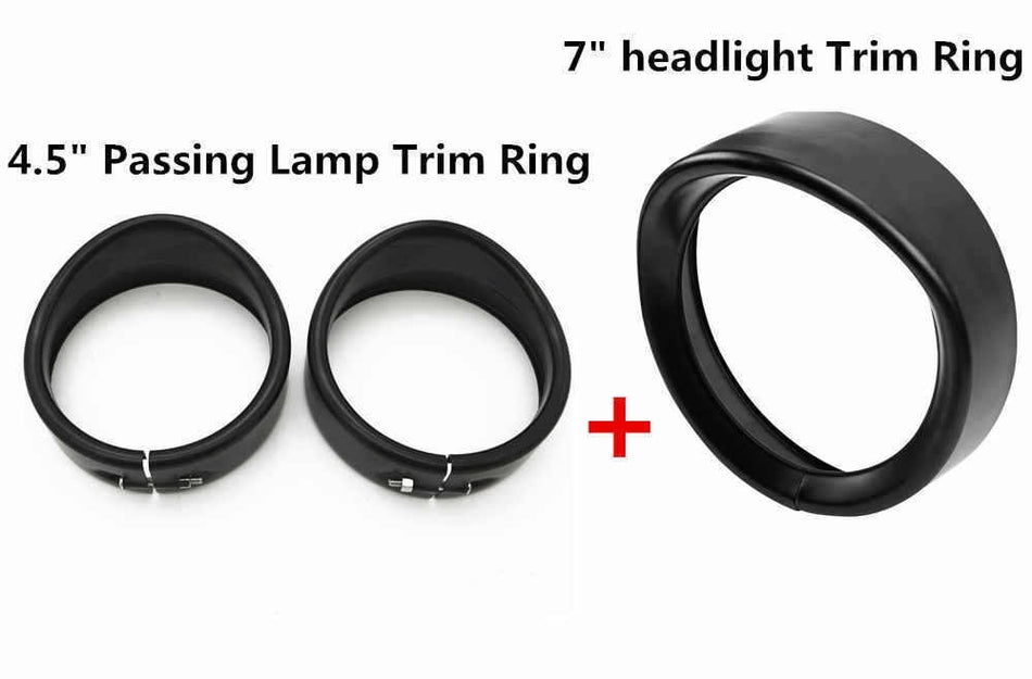 Vivid Black 7" Headlight + 4.5" Passing Light Trim Ring Bezel Visor for Harley